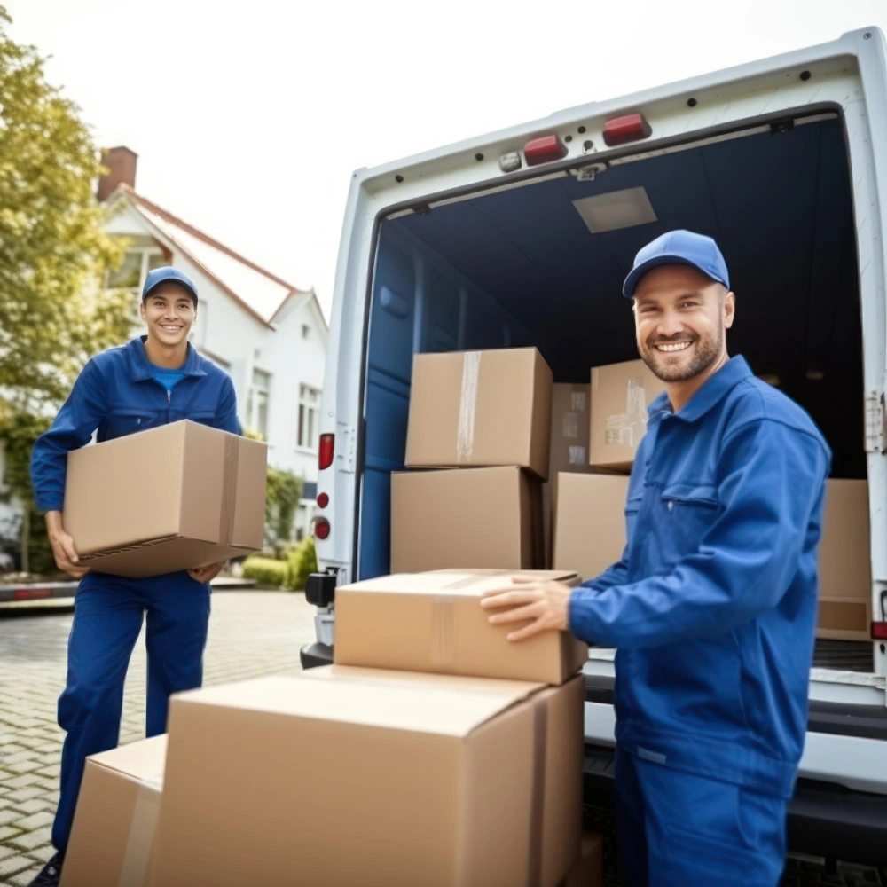 Friendly moving team unloading packed boxes from a truck during a home move by City of Angels Move
