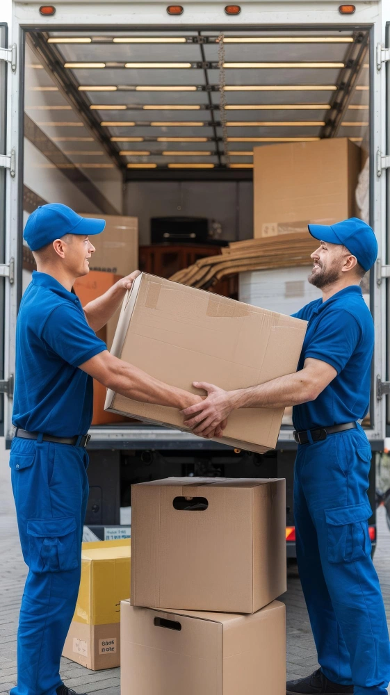 Reliable moving crew lifting and carrying wrapped furniture during a home move by City of Angels Move
