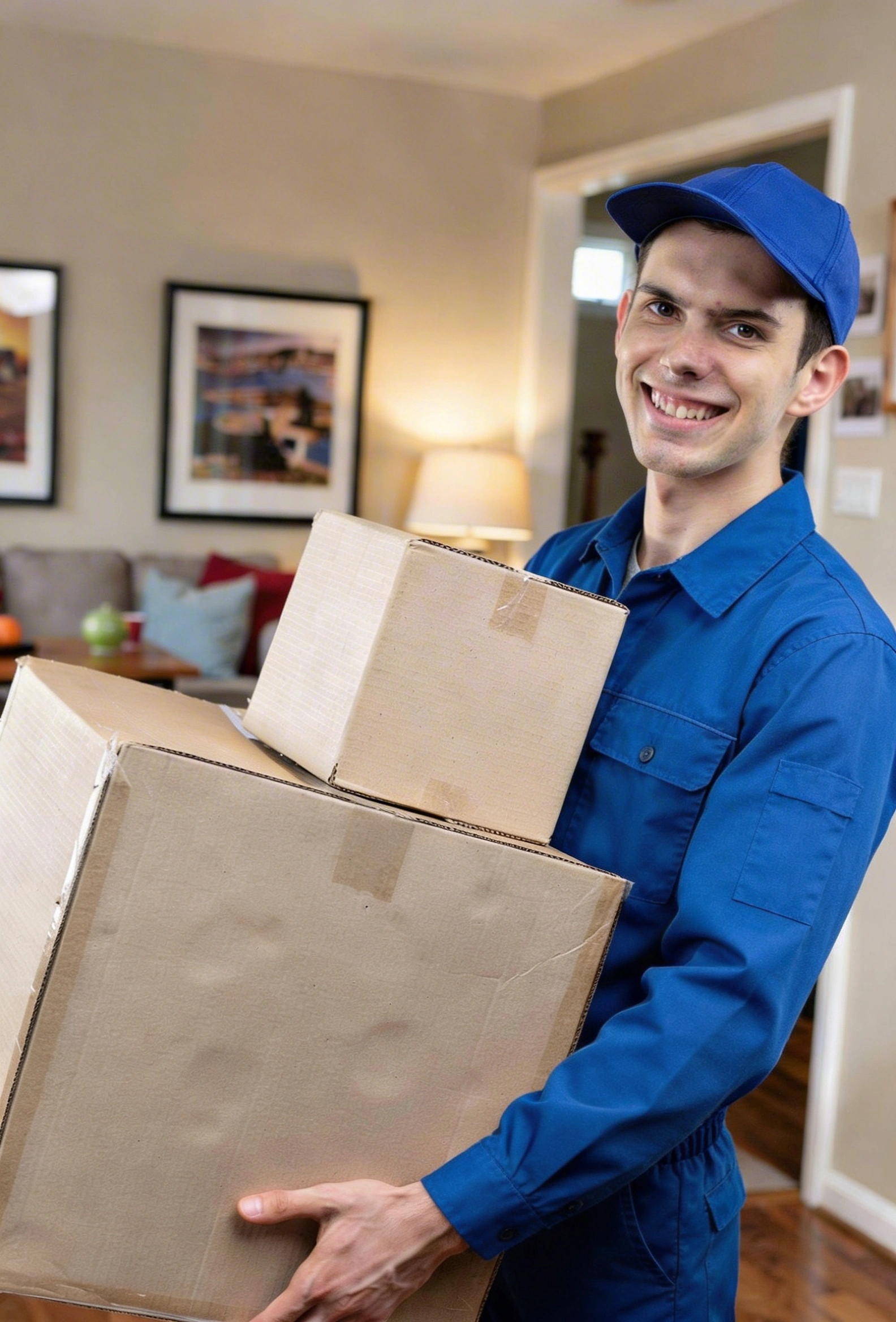 Friendly professional mover carrying packed boxes inside a home representing reliable moving services by City of Angels Move